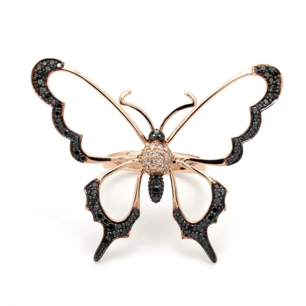 Round Cut Pave Set Black and White Diamond Butterfly Ring – Elegant and Unique
