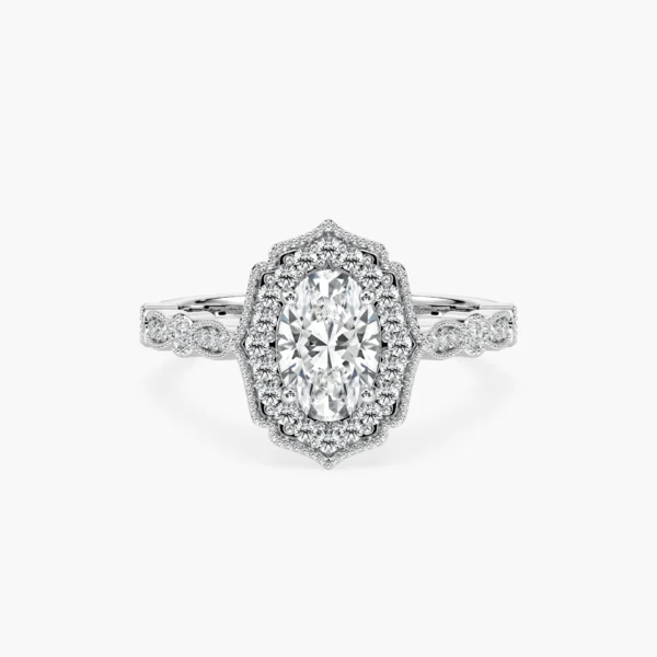 Vintage-Inspired Oval-Cut Diamond Engagement Ring with Milgrain Halo - Image 2