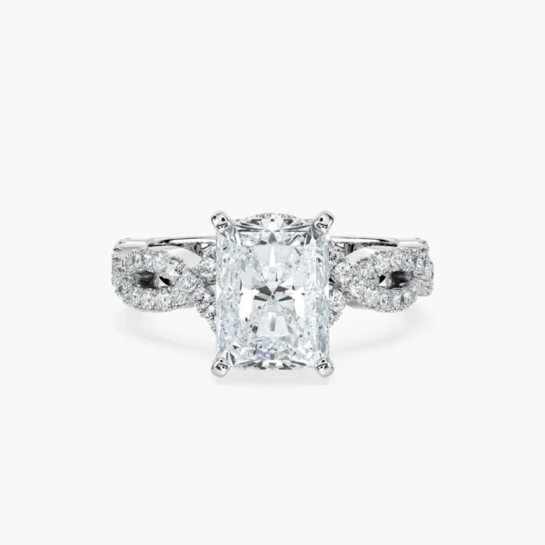 Elegant Silver Radiant-Cut Diamond Engagement Ring with Twisted Halo - Image 2