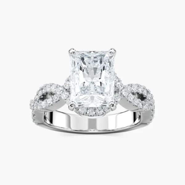 Elegant Silver Radiant-Cut Diamond Engagement Ring with Twisted Halo