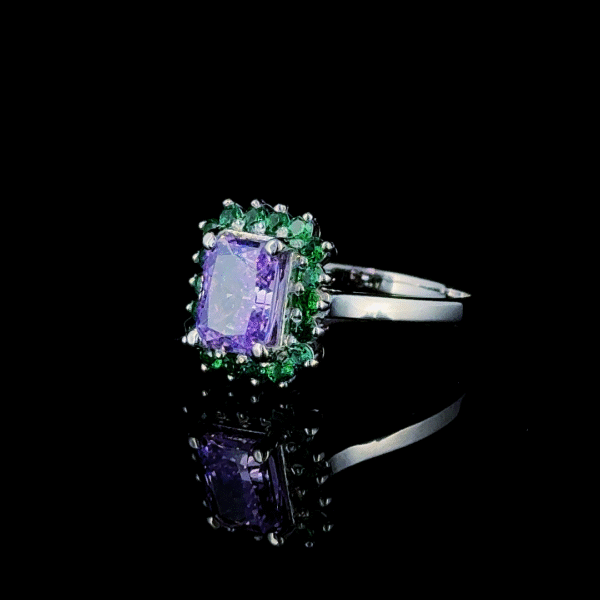 Amethyst & Emerald Halo Ring – 925 Sterling Silver - Image 3